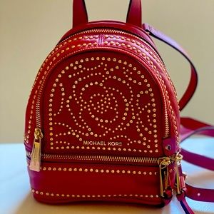 Michael Kors Rhea Mini Rose Studded Leather Convertible Backpack - Bright Red